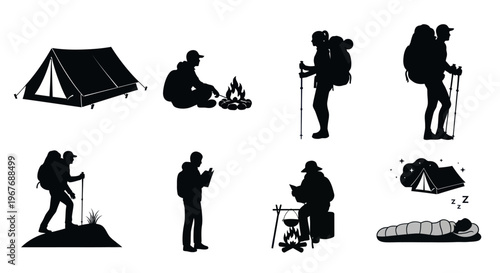 Black  White Silhouette Icons of Hiking and Camping for Outdoor Activities