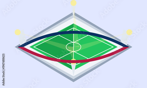 Hand-drawn isometric 3d football stadium concept showing green pitch floodlights and curved design elements for sports marketing authentic illustration