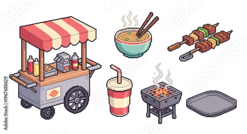 Isometric Pixel Art Street Food Cart Ramen Skewers BBQ Grill Game Assets