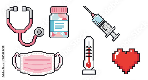 Retro Pixel Art Medical Healthcare Icon Set Stethoscope Mask Syringe Thermometer Pill Bottle Heart