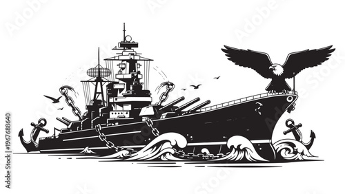 Silhouette of a Warship with Crew Members on Deck and Flying Bird.
