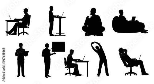 Silhouettes of people working, relaxing, and stretching in an office
