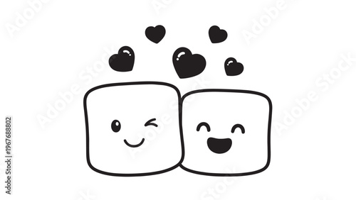 Cute Cartoon Marshmallows with Heart Symbols Expressing Love and Friendship.