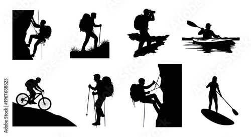 Outdoor adventure extreme sports silhouette vector set hiking climbing kayaking biking monochrome
