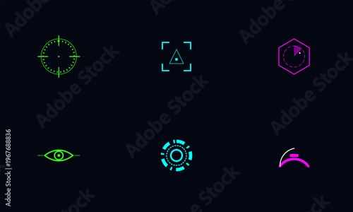 Hand-drawn futuristic neon cyberpunk HUD user interface elements showcasing tactical targeting crosshairs, digital gaming icons, and sci-fi visual authentic illustration