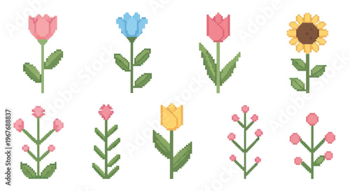 Pixel Art Flowers: Cute Cartoon Floral Vector Collection