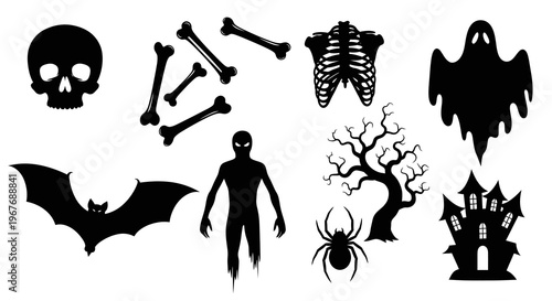 Halloween horror silhouette vector set with skull ghost bat haunted house and spider