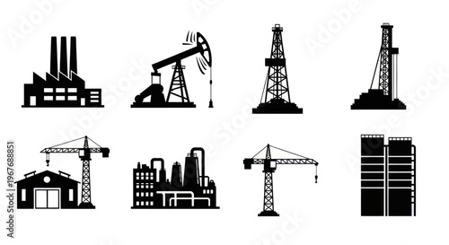 Industrial and Construction Icons Set: Factory, Oil Rig, Crane  Plant Silhouettes