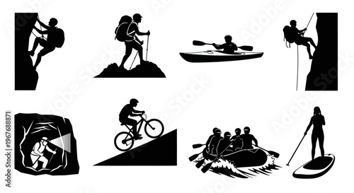 Black and White Silhouette Icons of Outdoor Adventure Sports and Activities