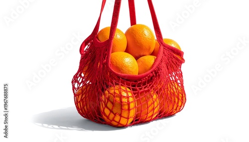 Oranges in a red mesh bag isolated against a white background