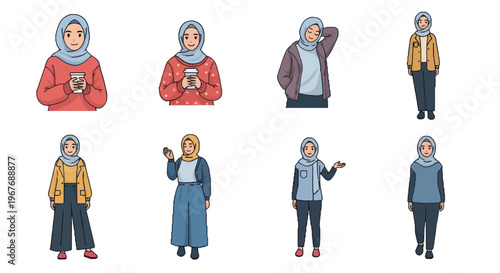 Lifestyle Flat Cartoon Illustration of Diverse Muslim Women Posing with Casual Outfits