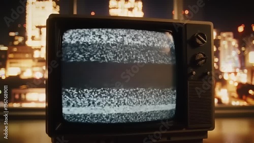 Vintage Television Screen Displaying Static Noise in Cityscape Background.