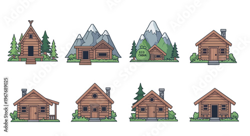 Log cabin vector set wooden mountain chalet and forest house flat outline illustration for travel