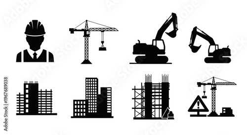 Construction Industry Icons Set: Worker, Crane, Excavator, Buildings - Black  White Glyphs