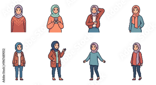 Muslim Women Wearing Hijab, Diverse Poses, Flat Vector Art
