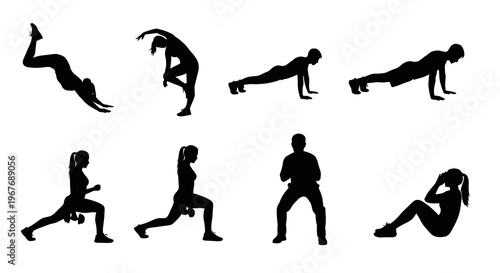 Health  Fitness Workout People Exercise Silhouettes Vector Collection