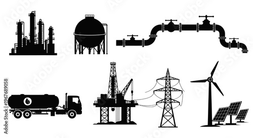 Energy Industry Power Generation  Oil Gas Industrial Icons Silhouette Vector Set