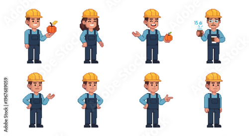 Flat Cartoon Construction Worker Character Set with Hard Hat  Overalls Poses Vector Illustration