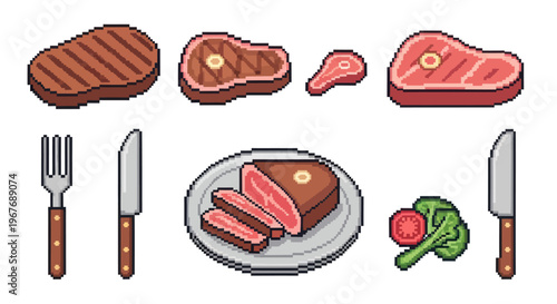 Pixel Art Steak and Food Icons: Meat, Fork, Knife, Broccoli, Tomato
