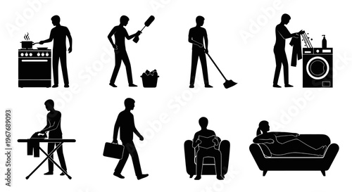 Vector silhouettes of man doing household chores and working while woman relaxes on sofa
