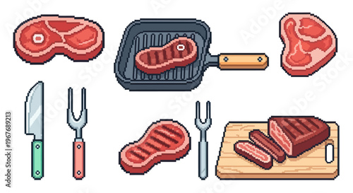 Pixel Art Food Icons: Grilling Steaks, Meat Cuts, Cooking Tools  Cutting Board Set