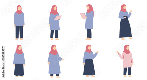Flat design vector illustrations of women in hijab, Muslim fashion