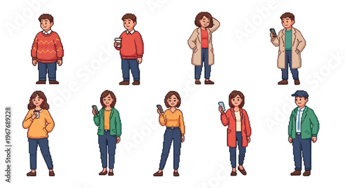 Modern Flat Character Illustration of Diverse People Using Smartphones  Holding Coffee Cups