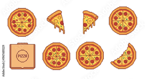 Food Industry Pixel Art Pizza Icons Set with Box and Slices