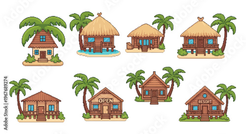 Pixel Art Tropical Beach Hut Bungalow Set For Travel Tourism And Retro Gaming