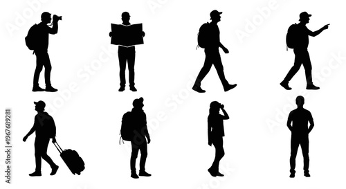 Silhouette travelers with backpacks, maps, cameras, and luggage, black and white icons