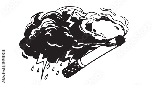 Black and White Illustration of a Smoking Cigarette with Smoke and Dripping Ink.