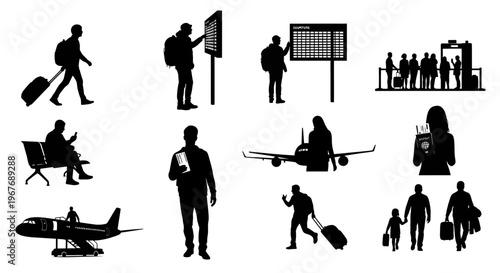 Airport Travel Silhouettes: Passenger Figures, Airplanes, and Luggage Black  White Vector