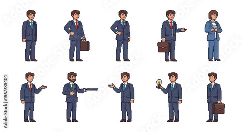 Pixel Art Business Characters Set: Diverse Corporate Professionals with Briefcases and Ideas