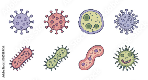 Medical pixel art virus and bacteria microbe icon set retro science illustration