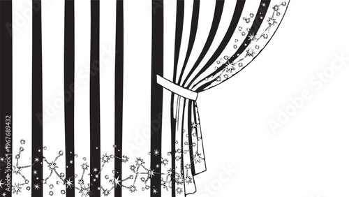 Elegant Black and White Curtain with Decorative Pattern and Tieback in Classic Interior Setting.