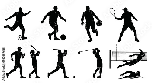 Silhouette Sports Icons: Athletes Playing Soccer, Basketball, Tennis, Baseball, Golf, Volleyball, Swimming