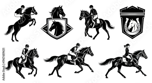 Equestrian Sports Horses and Riders Monochrome Silhouette Vector Illustrations