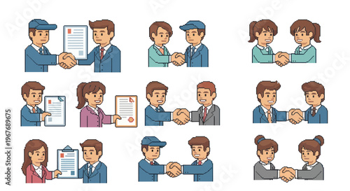 Pixel Art Business People Handshake and Document Exchange Vector Set