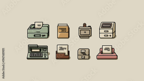 Collection of retro pixel art office equipment icons. Vintage computing peripherals, old printers, typewriter, and data storage devices.