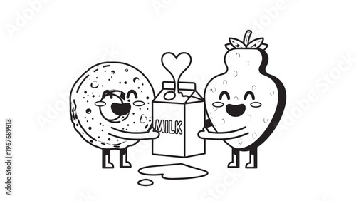 Cute Cartoon Fruits Celebrating Friendship with Gift Box and Heart.