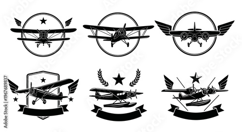 Vintage Airplane Emblems  Badges: Retro Aviation Icons in Black and White