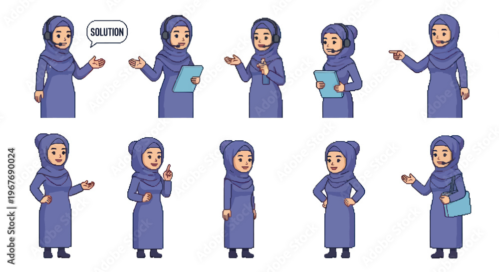 Fototapeta premium Flat Cartoon Muslim Woman Business and Customer Service Character Poses Set