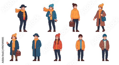 Flat Vector Illustration of Diverse People in Winter Fashion Outfits and Seasonal Accessories