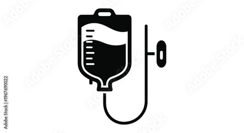 A simple vector illustration depicting an intravenous fluid bag with a tube and flow regulator for medical treatments or hospital care design.