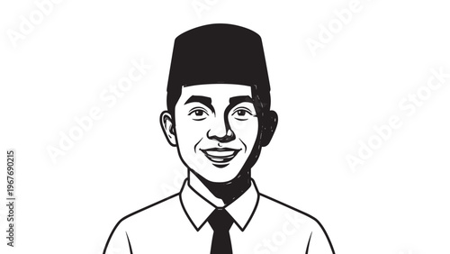 Black and White Illustration of a Smiling Man Wearing a Traditional Hat and Formal Attire.
