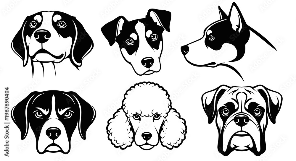 Obraz premium Pet Industry Black and White Vector Line Art Dog Head Portraits Collection