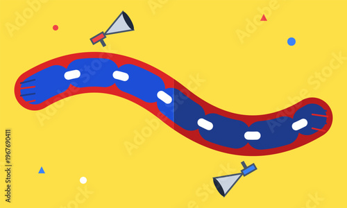 Hand-drawn sports scarf surrounded by megaphone icons over yellow backdrop with colorful geometric accent shapes authentic illustration