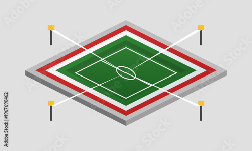 Hand-drawn isometric green soccer stadium with white field markings and bright corner floodlights on grey background authentic illustration