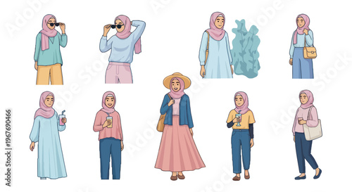 Flat Art Hijab Woman Characters: Muslim Fashion, Lifestyle, Diversity