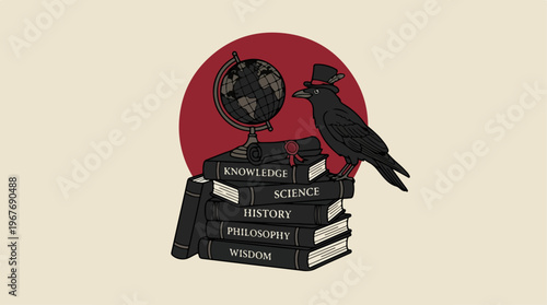 Crow on Stack of Books.